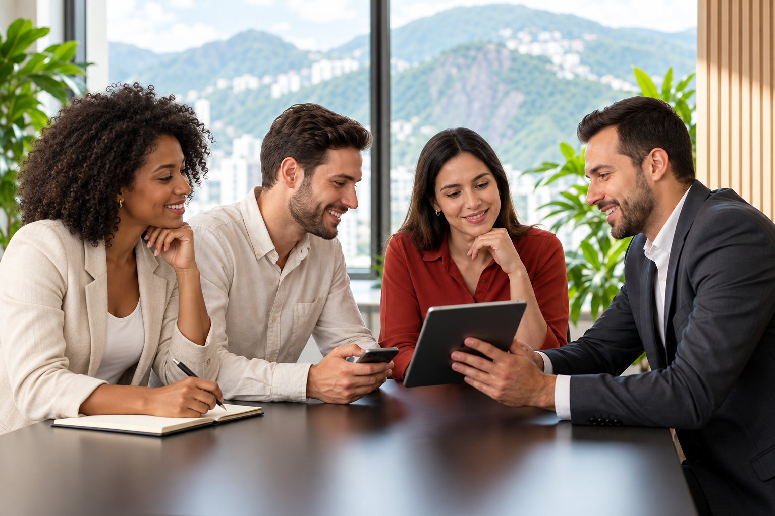 Duas mulheres e dois homens conversam sobre crédito em uma consultoria.